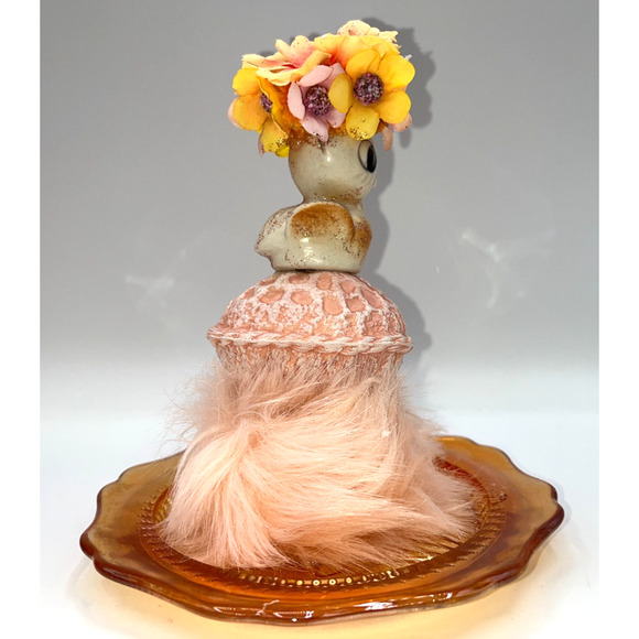 Vintage Mini Ceramic Chick Flower Hat Faux Fur Orange Carnival Glass Plate OOAK - Picture 8 of 16